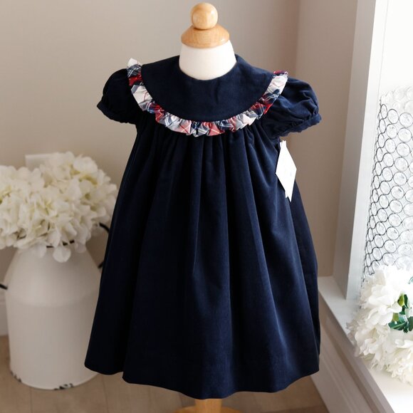 Navy 100% Cotton Corduroy Float Dress Plaid Trim Bailey Boys Boutique NWT - Picture 3 of 4